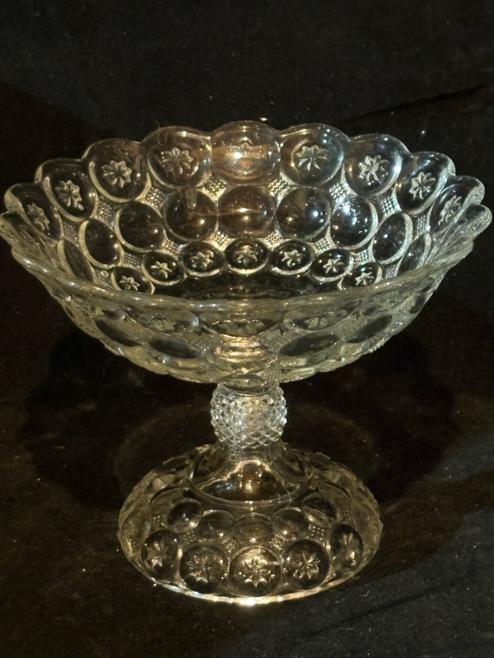 Antique 1890”s Jeweled Moon and Stars Clear Glass Compote Pedestal Bowl
